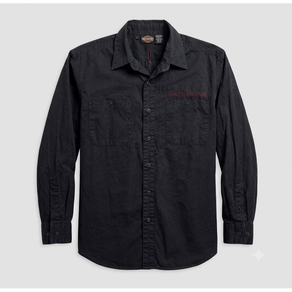 Harley-Davidson Men's Black Embroidered Button Up Long Sleeve Shirt. Size L
